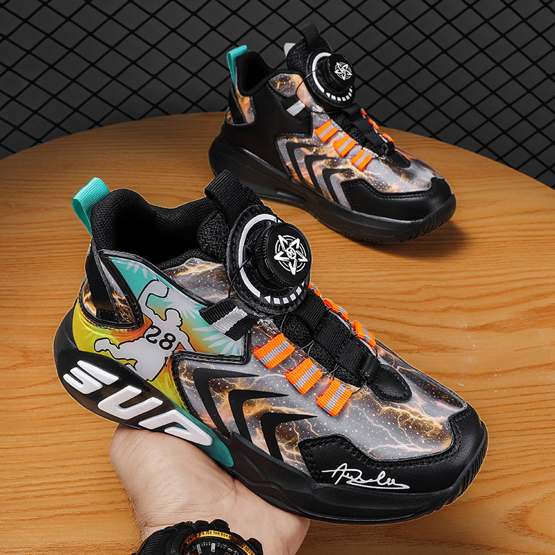 Boys' Sneakers 2023 Basketball Shoes Children's Shoes with Rotating Buckle and Fleece Lining, High-Top Ankle Protection Trendy Style for Boys