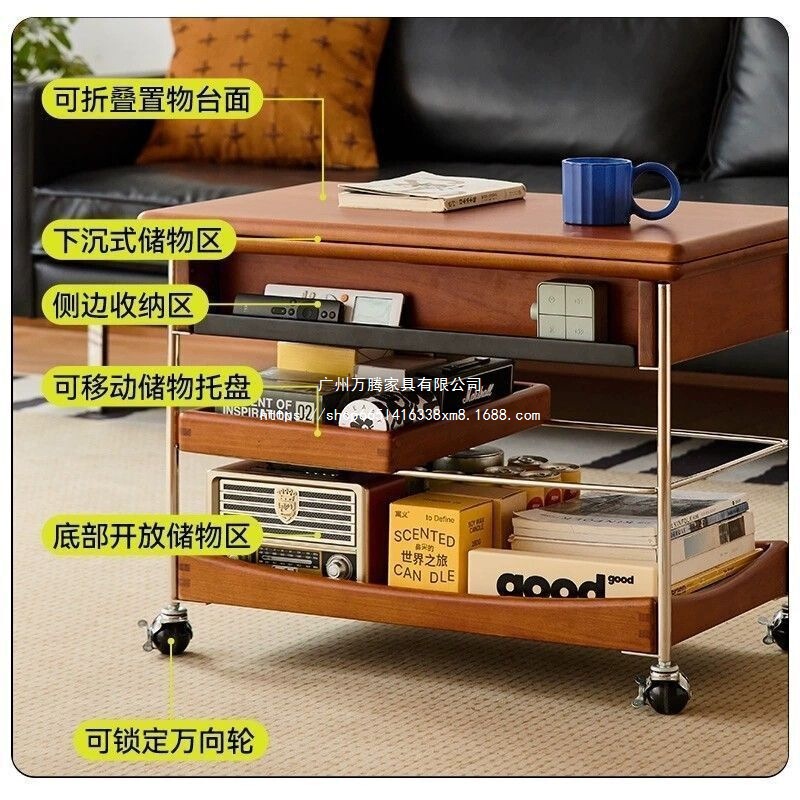 Wanteng 無垢材折りたたみコーヒーテーブル中古家庭用リビングルームトロリー古代スタイルの小さなアパートレトロなモバイルソファ Wanteng|undefined