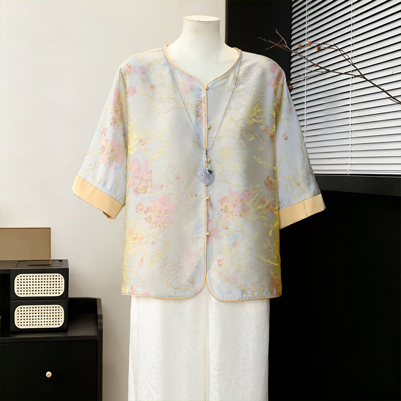 Elegant and Stylish Chiffon T-Shirt for Mothers, Summer Wear, New Chinese-Style Shirt for Middle-Aged and Elderly Women, National Style Top
