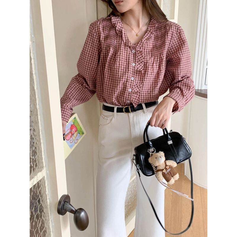 3th Morning Autumn New Collection: Korean-style retro plaid shirt with ruffled trim and V-neck, ZY4527