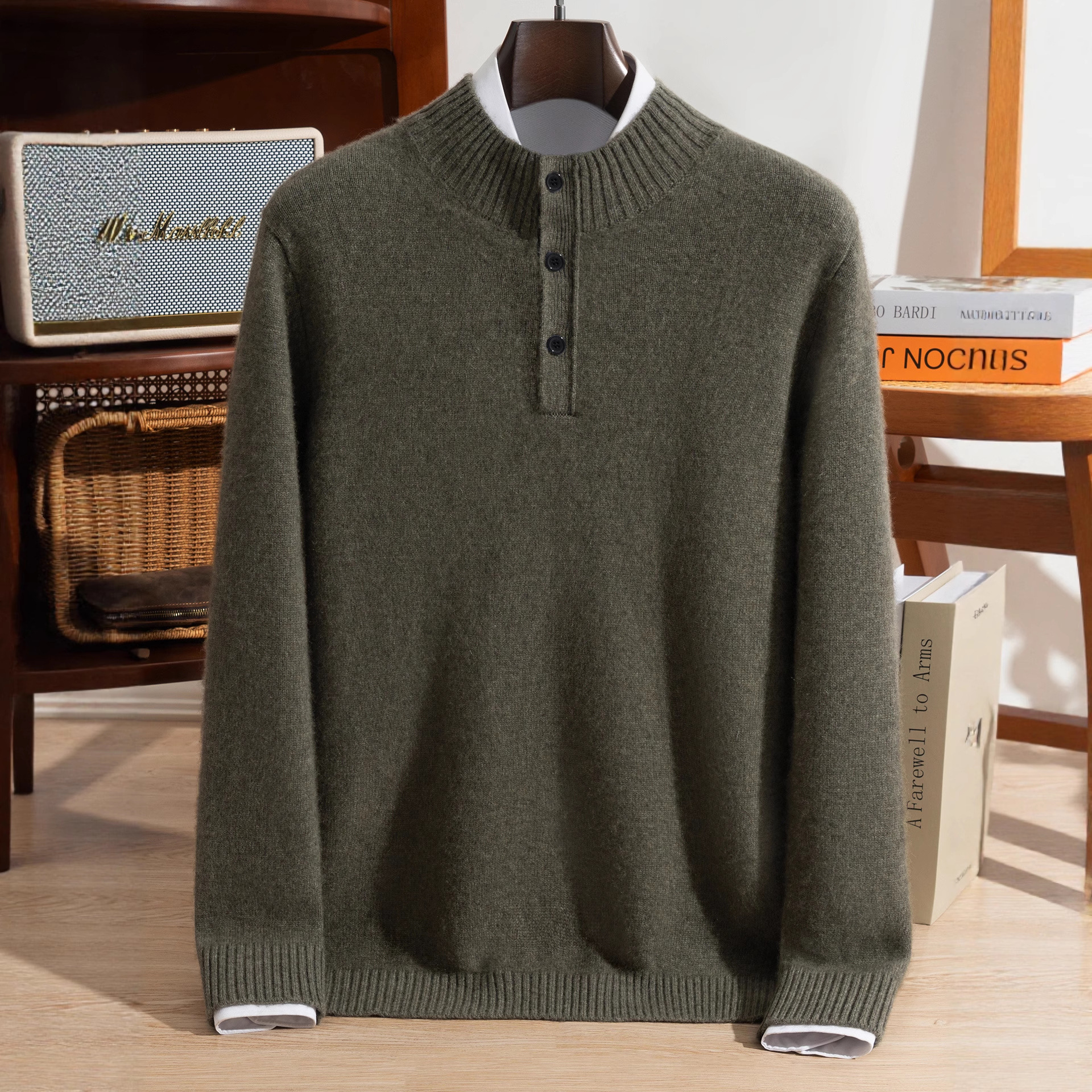 Thickened Half-Turtleneck 100% Pure Cashmere Knitted Base Sweater for Men, Half-Buttoned, Loose Casual Oversized Sweater Wholesale