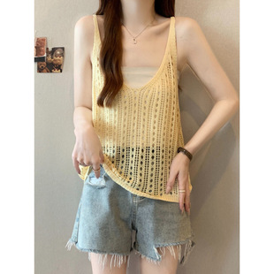 Light Yellow Cut Out Knitted Camisole Women's Outer Wear 2025 Summer Large Size Fat mm European Style Layered Blouse Top