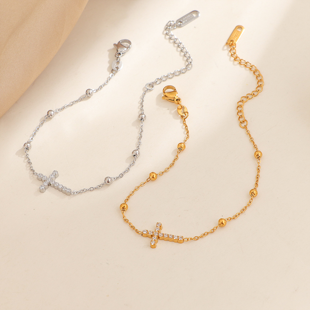 European and American Non-Fading Fashionable Titanium Steel Bracelet Cross Diamond Ins Style Personalized 18K Gold Niche High-End Bracelet