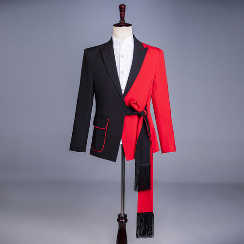 肖战同款红黑修身西服舞台走秀歌手演出流苏腰带款西装男礼服套装