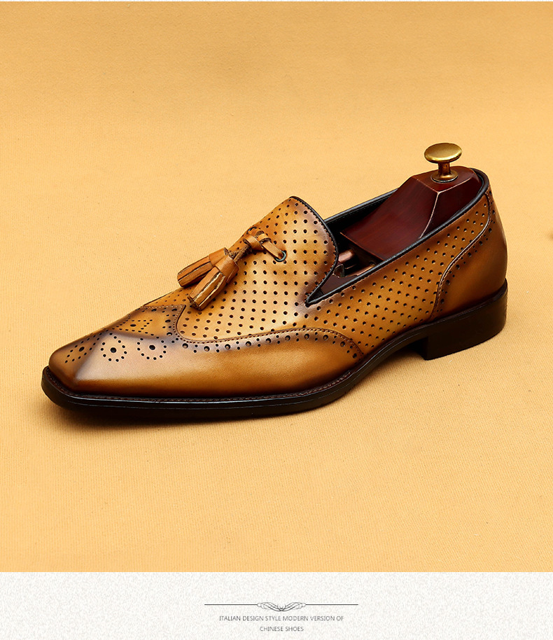 Casual summer leather shoes men's hollow breathable leather business dress shoes_vogvips.com
