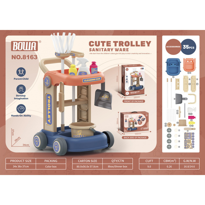 Transfronterizos niños simulación postres kits de atención médica herramientas de limpieza cubiertos de cocina carro juguetes