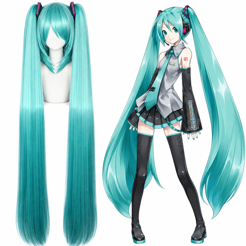 Hatsune Miku cosplay wig, double ponytail, long straight green hair, high-temperature synthetic fiber, anime character costume headpiece Hatsune Miku cosplay wig, double ponytail, long straight green hair, high-temperature synthetic fiber, anime character costume headpiece