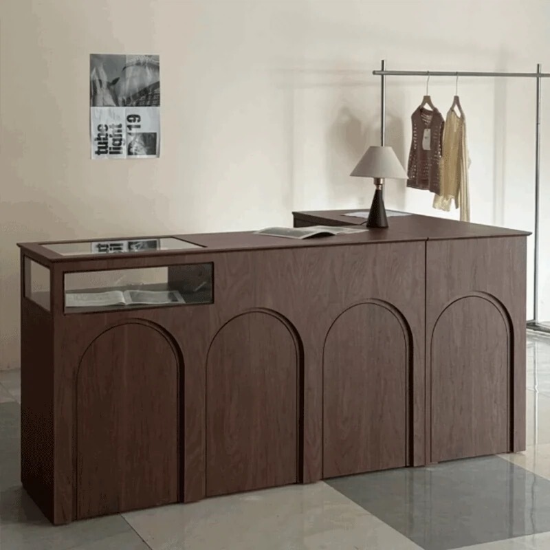 Clothing Store Cash Register Counter, Small Yoga Studio, Coffee Shop L-Shaped Corner Counter, Vintage Front Desk Table