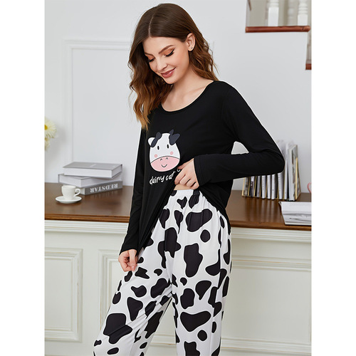 European and American pajamas, long-sleeved trousers, two-piece suit, milk silk, full of printed cartoon dinosaur new products