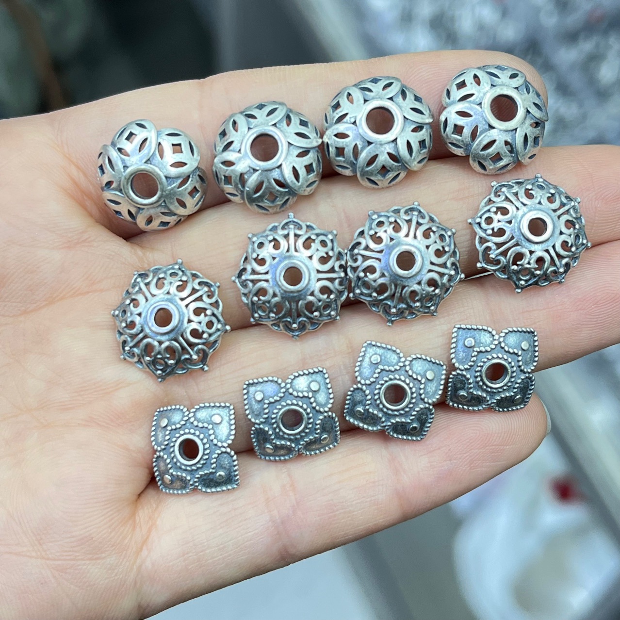 三七银钱币铜钱镂空圆珠串件编绳手串隔珠串珠DIY文玩手链配饰