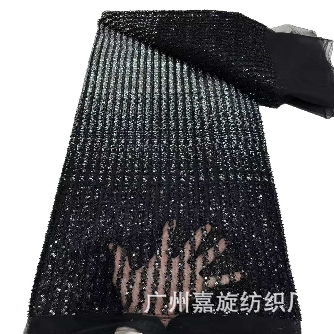 Nueva tela de encaje de malla con lentejuelas y cuentas, con franjas rectas de dos tonos en degradado, para vestidos de novia, moda y disfraces de espectáculo.