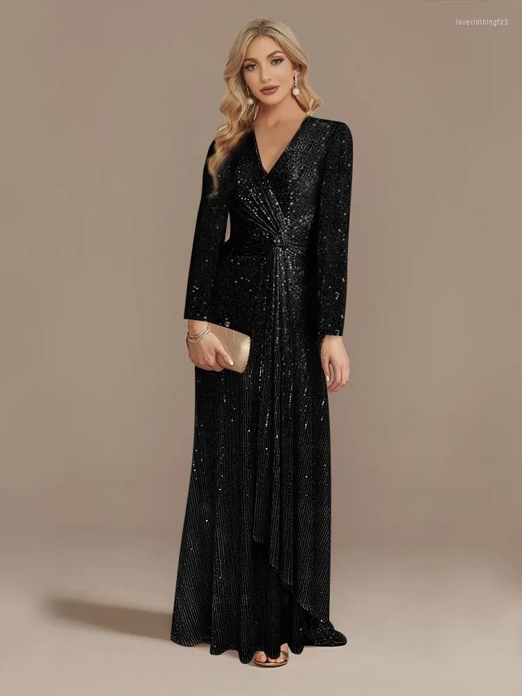 Elegantes Langarm Pailletten Abendkleid Für Damen Einfarbig_voghion.com