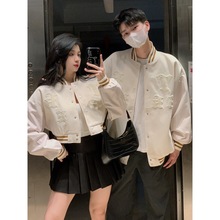 一件代发2023实拍 情侣装重工毛巾绣鹿皮绒拼棒球服