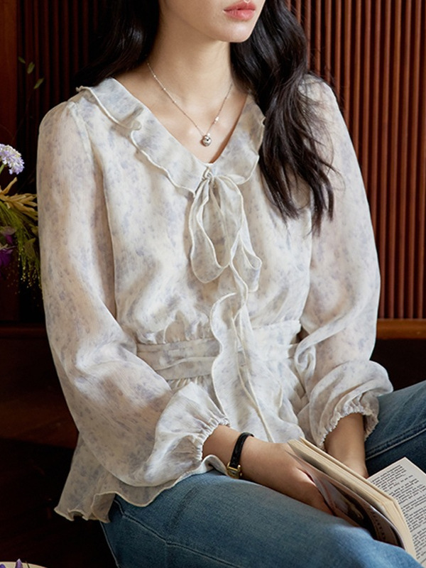Moriioe 蓝色印花荷叶边绑带长袖衬衫女秋季复古收腰显瘦上衣|undefined