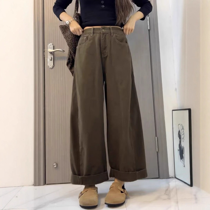 2025 New Large Size Curled Wide Leg Jeans for Women Fat mm Slimming Look Pear-Shaped High Waist Loose Lazy Straight Pants