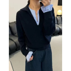 韩系假两件撞色拼接条纹针织衫女春季百搭显瘦设计感气质复古毛衣