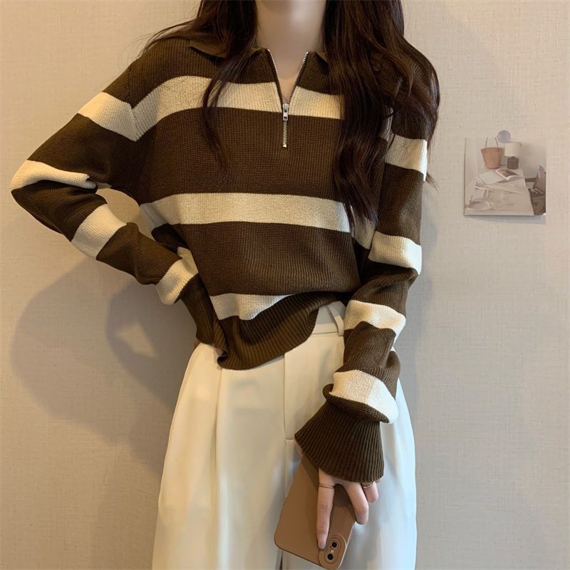 Vintage Color-Block Striped Half-Zip Pullover Knit Sweater for Women, 2026 Autumn New Design Top Vintage Color-Block Striped Half-Zip Pullover Knit Sweater for Women, 2026 Autumn New Design Top