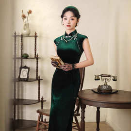 2025年春夏新款墨绿色旗袍复古丝绒气质优雅大方复古中式老上海女
