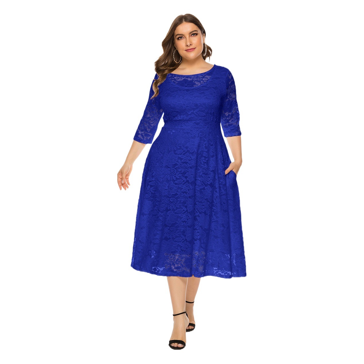 8XL Amazon Explosions European and American Large Size Women's New Evening Dress Bridesmaid Dress Lace Pocket Dress SQ134