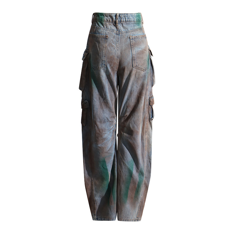 Pantalones de estilo de herramientas de moda 2025 verano nuevo estilo costura diseño de bolsillo de alta calidad cintura alta pantalones vaqueros delgados mujeres