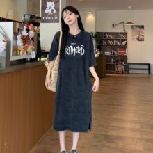 印花T恤裙女短袖宽松洗水复古纯棉裙子韩版休闲美式高级过膝长裙