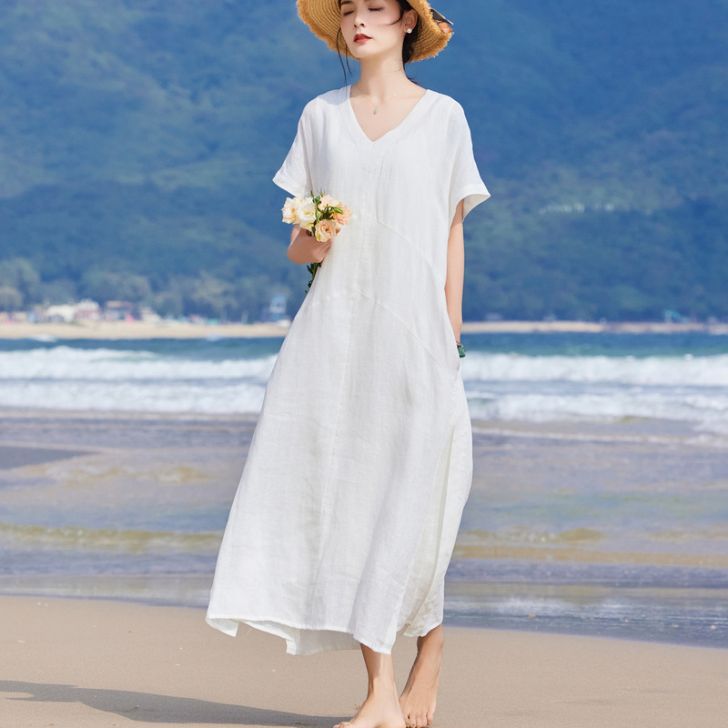 Summer 2025 New High Density Linen Net White V-neck Loose Artistic Shirt dress Long Dress Gown