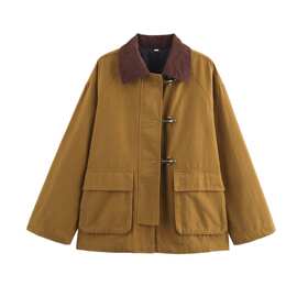 跨境批发女装新款   休闲宽松大口袋棉服外套夹克