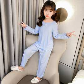 黁白儿童春秋家居服莫代尔螺纹女童睡衣长袖套装中小童新款春秋洋