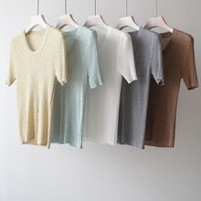 夏季新款莱赛尔天色新时代链花工艺针织短袖女圆领套头修身上衣