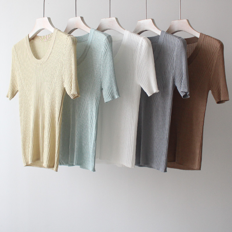 夏季新款莱赛尔天色新时代链花工艺针织短袖女圆领套头修身上衣