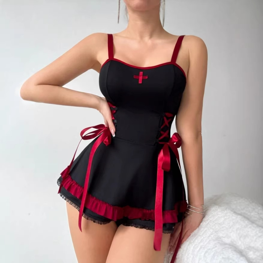 European and American Uniform Cos Pure Desire Sexy Lingerie Halloween Dark Nurse Nightdress Set Temu Xiyin Label