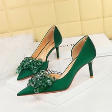 3226-AH27 Banquet European and American Style Women's Shoes with Thin Heels, High Heels, Shallow Mouth, Pointed End, Hollow Water Diamond Bow Tie Single Shoes