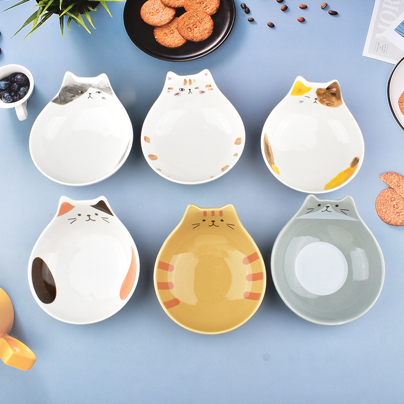 Japanese Style Cute Cat Face Salad Bowl Ceramic Cat Shape Bowl Dessert Small Bowl Dried Fruit Plate Household Children's Bowl Tableware