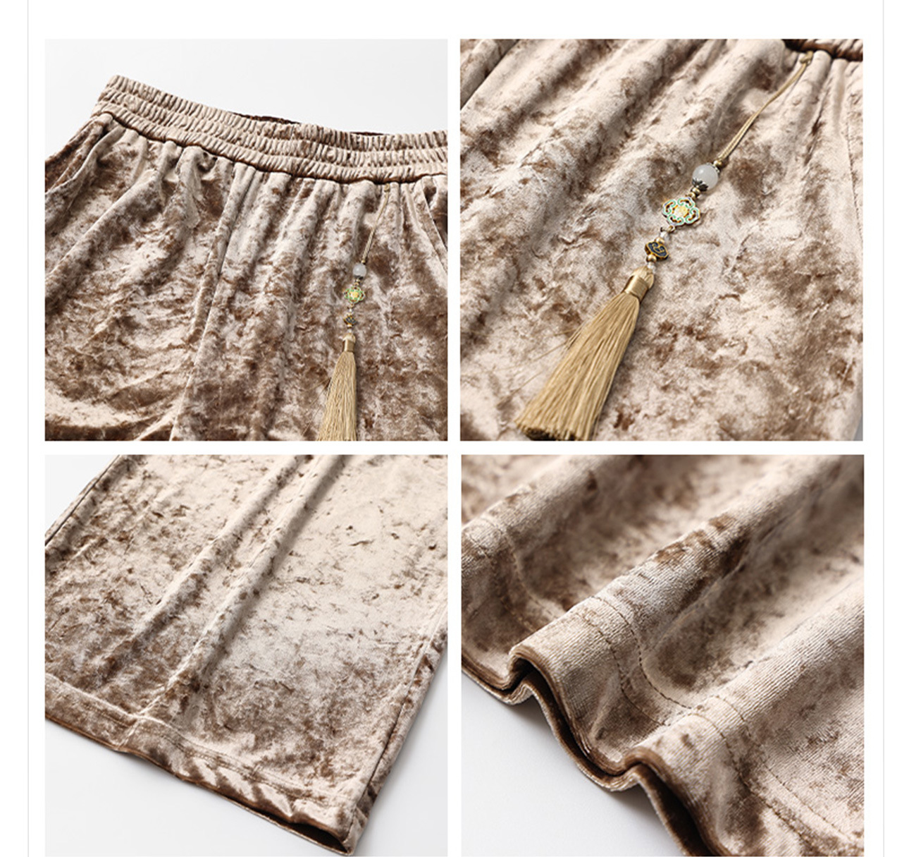 Quần ống rộng nhung lụa kiểu Trung Quốc mới, jacquard màu trơn, phong cách văn nghệ — Màu đen, Màu vàng, Màu hồng, Màu mơ chi tiết 28