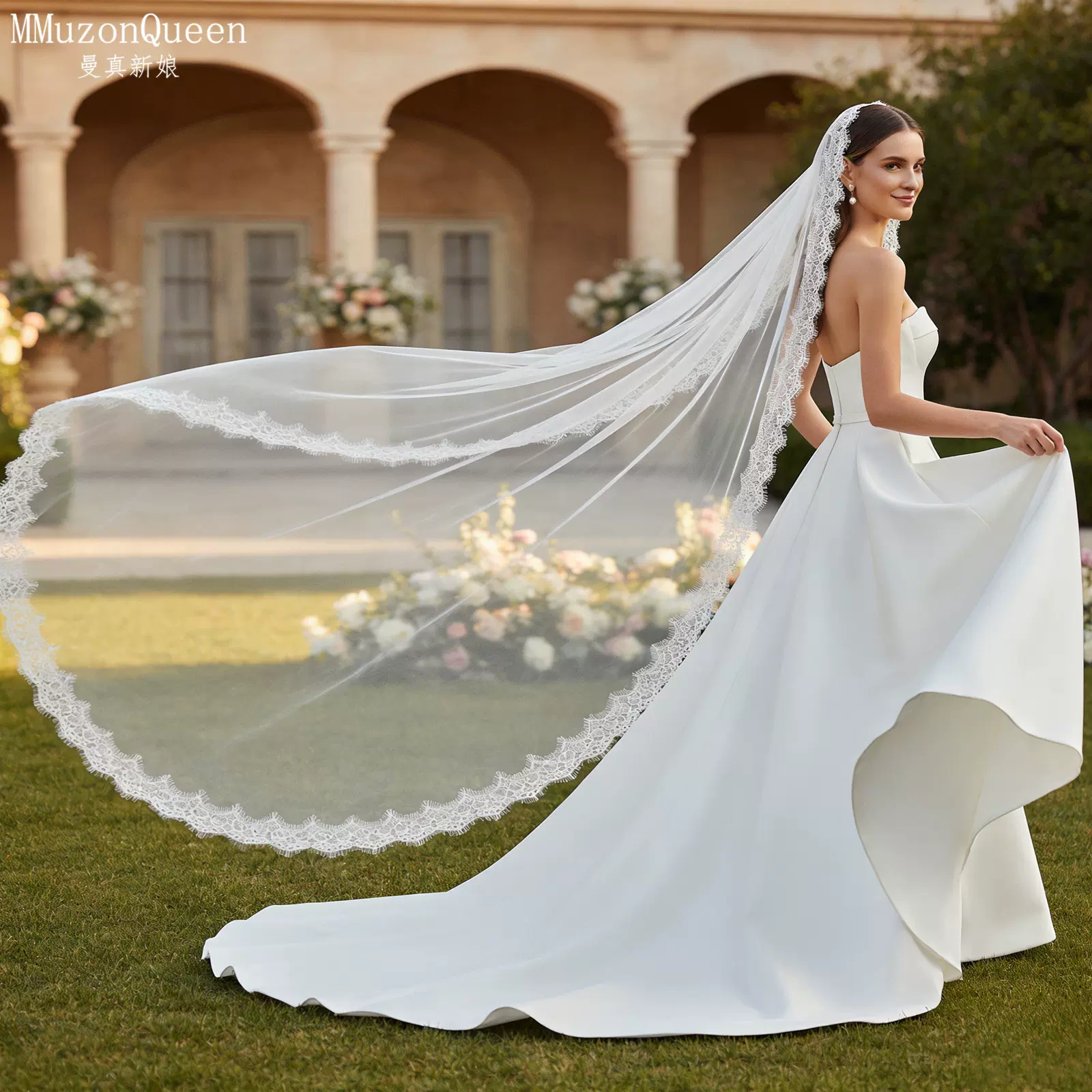 曼真欧美跨境新娘头纱软蕾丝睫毛边边及地长单层超仙拍照头纱V154