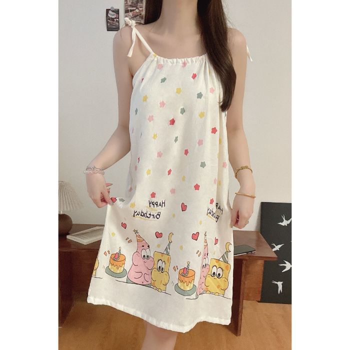 Cojín transfronterizo para el pecho, camisón de algodón de nube, camisón, verano femenino, pijama de longitud media para el hogar de dibujos animados finos
