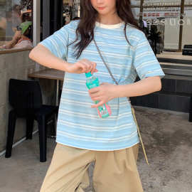 韩系ins浅蓝色条纹t恤衫女夏短袖2026新款休闲小清新减龄甜美上衣