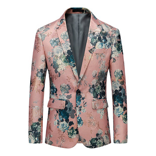 2022 new pink flower suit Korean style one button business casual host nightclub slim fit suit jacket for men