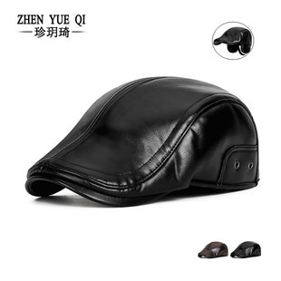 Autumn and winter cold-proof warm PU forward hat men's outdoor fleece-lined windproof middle-aged and elderly ear protection adjustable cap