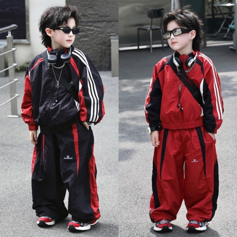 Jimmy's Kids' Apparel [Passionate Youth] Autumn Black, White, and Red Color-Block Casual Sports Suit
