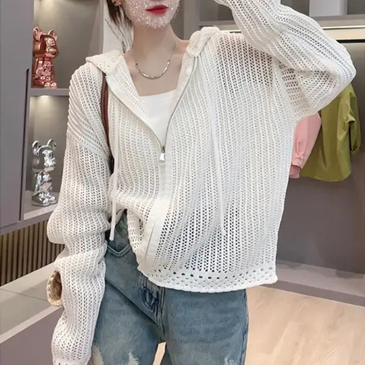Hollow-out hooded sweater women's summer thin design sense niche casual versatile slimming sunscreen cardigan blouse wholesale Hollow-out hooded sweater women's summer thin design sense niche casual versatile slimming sunscreen cardigan blouse wholesale