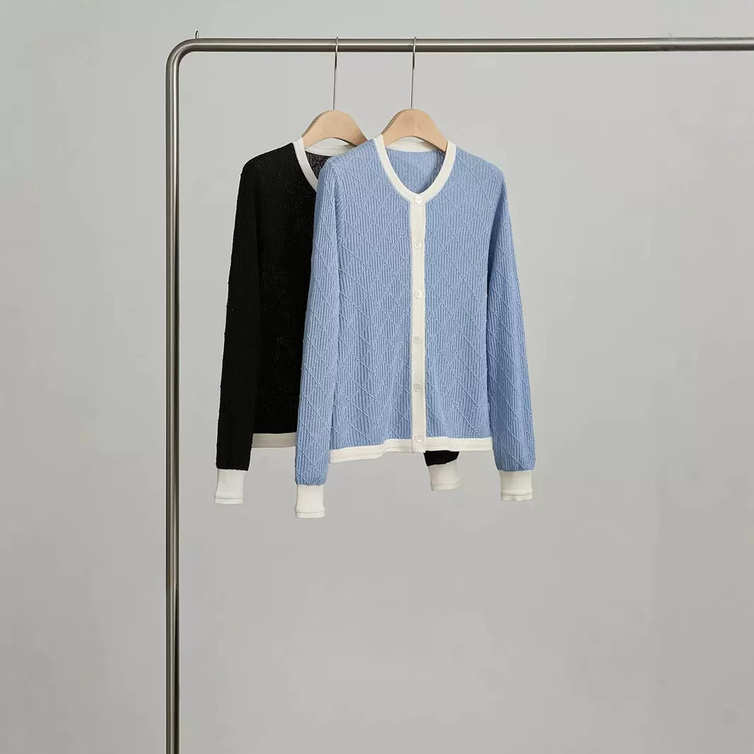 春季真丝圆领长袖针织开衫外套桑蚕丝时尚女装撞色开衫上衣批发