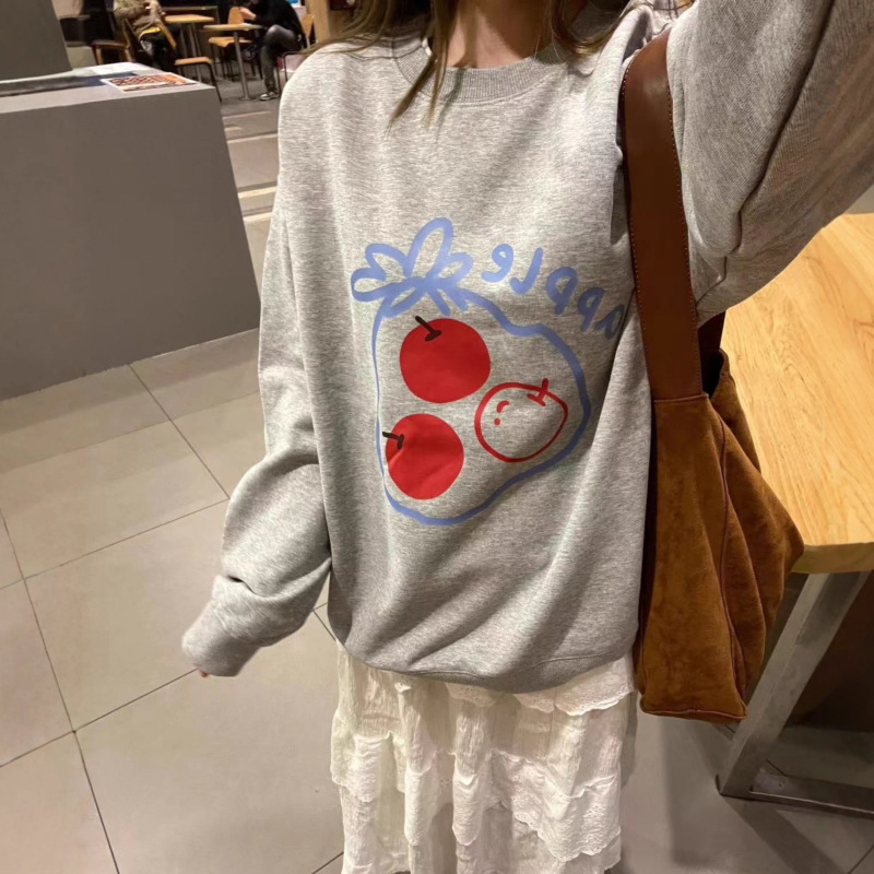 Korean Round Neck Gray Long-Sleeved Top for Women in Autumn and Winter Loose and Velvet Versatile Cute Casual Apple Print Sweatshirt Korean Round Neck Gray Long-Sleeved Top for Women in Autumn and Winter Loose and Velvet Versatile Cute Casual Apple Print Sweatshirt