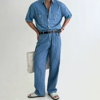 798 Design美式休闲风蓝色牛仔长裤男款春秋季洗水做旧百搭直筒裤