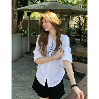 SadSoil 基础款白色打褶衬衫女春夏宽松休闲长袖氛围感上衣衬衣女