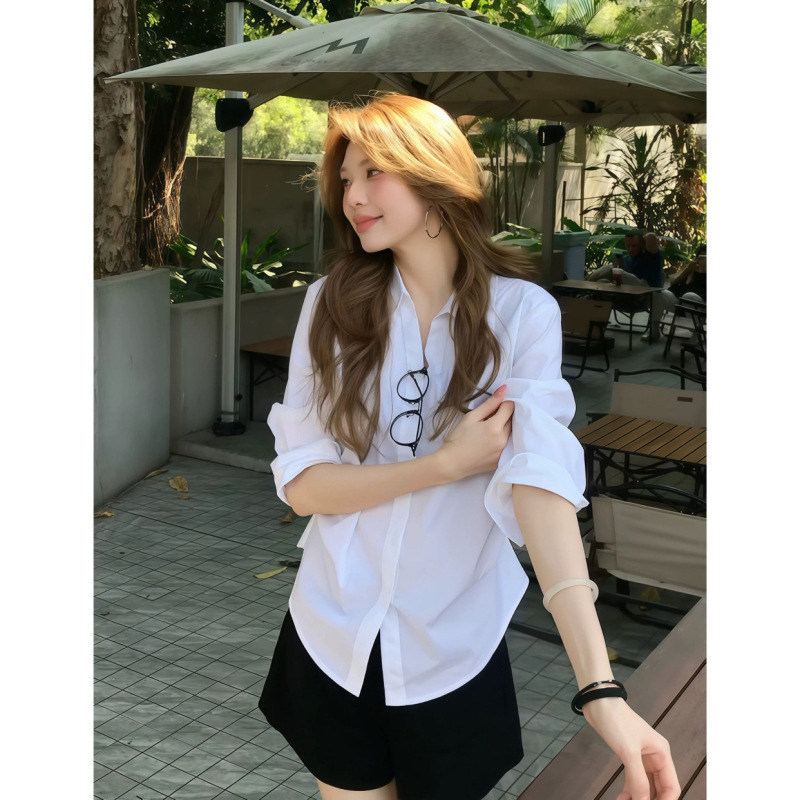 Sadsoil Basic White Pleated Shirt for Women, Spring and Summer Loose Casual Long-Sleeved Atmospheric Top Shirt for Women