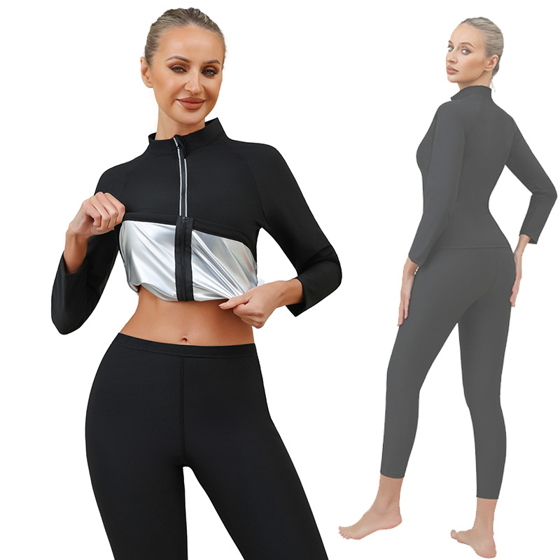 Cross-Border European and American Women's Sauna Suit, Tummy Control Yoga Sweat Suit, Plus-Size Waist Shaping Sports Stand-Collar Long-Sleeve Shapewear Set