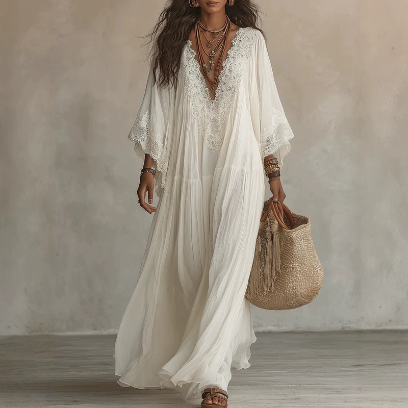 2026 European and American Independent Fashion Women's Lace Patchwork V-Neck Long Dress Batwing Sleeve Vacation Beach Dress 2026 European and American Independent Fashion Women's Lace Patchwork V-Neck Long Dress Batwing Sleeve Vacation Beach Dress