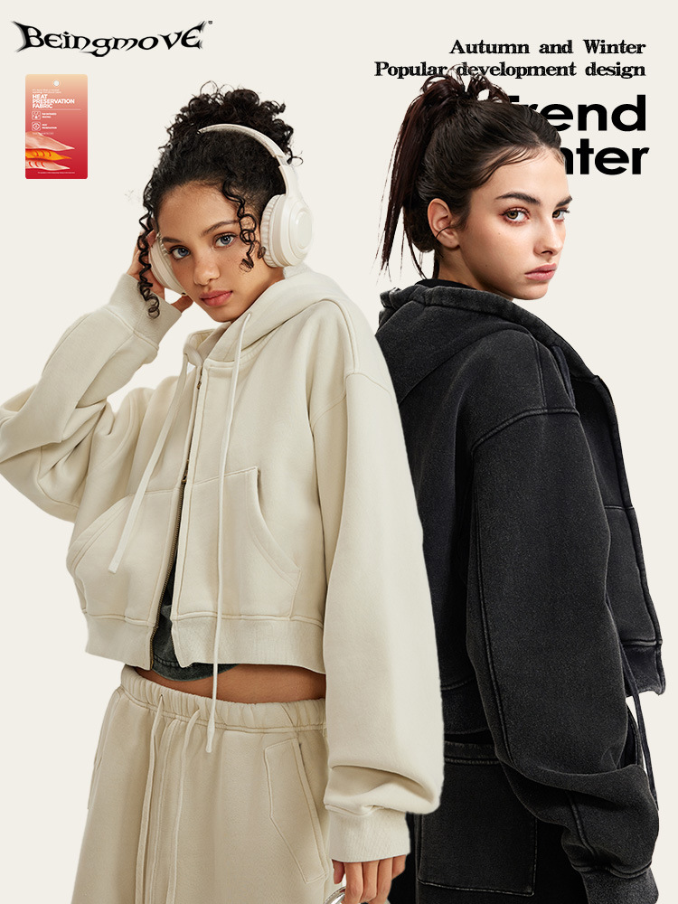 2025 otoño e invierno marca de moda retro lavado chica caliente suéter chaqueta de punto con cremallera más sudadera corta con capucha vieja de terciopelo mujeres