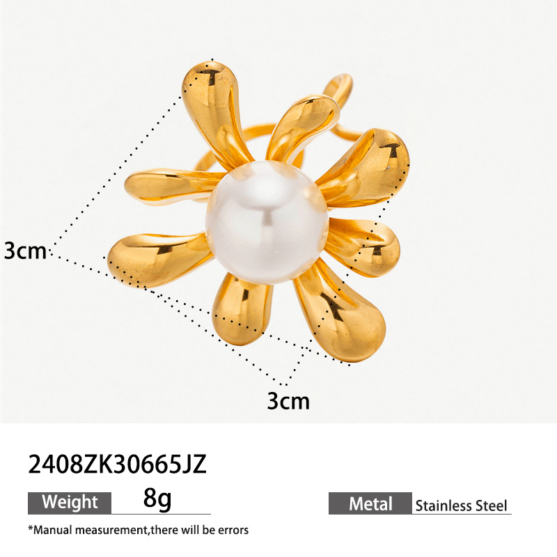 Tina transfronteriza anillo de viento de flores de perlas de acero inoxidable chapado en oro 18k joyas de acero de titanio al por mayor